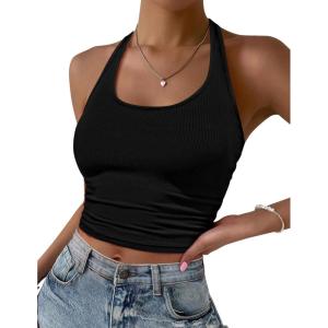 image:imageEkouaer Women Halter Top Backless Scroop Neck Slim Stretchy Ribbed Knit Camisole Crop Tops SXXLBlack