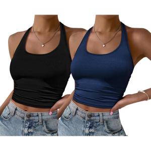image:imageEkouaer Women Halter Top Backless Scroop Neck Slim Stretchy Ribbed Knit Camisole Crop Tops SXXLBlacknavy