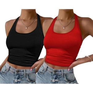 image:imageEkouaer Women Halter Top Backless Scroop Neck Slim Stretchy Ribbed Knit Camisole Crop Tops SXXLBlackred