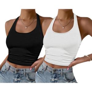 image:imageEkouaer Women Halter Top Backless Scroop Neck Slim Stretchy Ribbed Knit Camisole Crop Tops SXXLBlackwhite