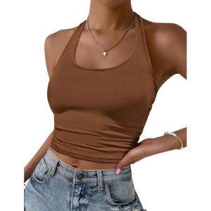 image:imageEkouaer Women Halter Top Backless Scroop Neck Slim Stretchy Ribbed Knit Camisole Crop Tops SXXLBrown