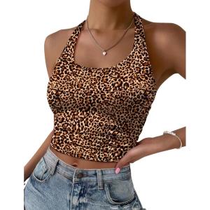 image:imageEkouaer Women Halter Top Backless Scroop Neck Slim Stretchy Ribbed Knit Camisole Crop Tops SXXLBrown Leopard