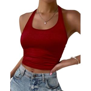 image:imageEkouaer Women Halter Top Backless Scroop Neck Slim Stretchy Ribbed Knit Camisole Crop Tops SXXLDeep Red