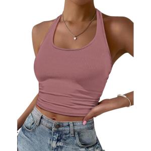 image:imageEkouaer Women Halter Top Backless Scroop Neck Slim Stretchy Ribbed Knit Camisole Crop Tops SXXLDusty Pink
