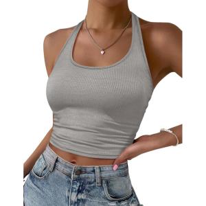 image:imageEkouaer Women Halter Top Backless Scroop Neck Slim Stretchy Ribbed Knit Camisole Crop Tops SXXLLight Gray