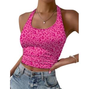 image:imageEkouaer Women Halter Top Backless Scroop Neck Slim Stretchy Ribbed Knit Camisole Crop Tops SXXLPink Leopard