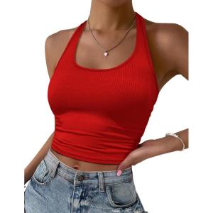 image:imageEkouaer Women Halter Top Backless Scroop Neck Slim Stretchy Ribbed Knit Camisole Crop Tops SXXLRed