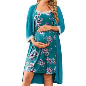 image:imageEkouaer Women Lace Maternity Nursing Gown and 34 Sleeve Robe Set Double Layer Breastfeeding Nightgown Slip Dress amp BathrobeBlue Green Floral