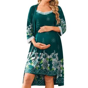 image:imageEkouaer Women Lace Maternity Nursing Gown and 34 Sleeve Robe Set Double Layer Breastfeeding Nightgown Slip Dress amp BathrobeLake Green Floral