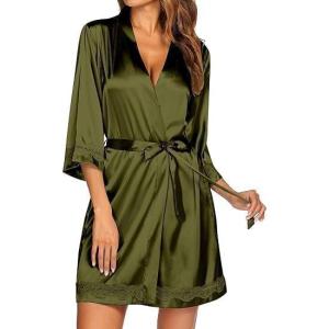 image:imageEkouaer Womens LaceTrim Silk Robes Bride Bridesmaid Kimono Satin Bathrobe V Neck Sleepwear with 34 Sleeve Army Green