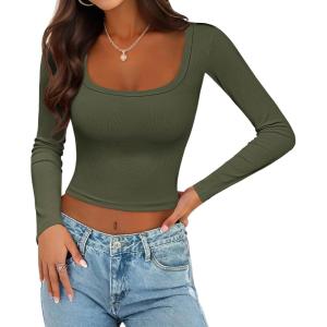 image:imageEkouaer Womens Long Sleeve Square Neck Crop Top Ribbed Slim Fitted Going Out Y2K Tops Casual Basic Shirts TeeArmy Green