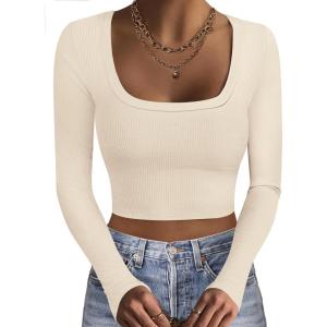 image:imageEkouaer Womens Long Sleeve Square Neck Crop Top Ribbed Slim Fitted Going Out Y2K Tops Casual Basic Shirts TeeBeige