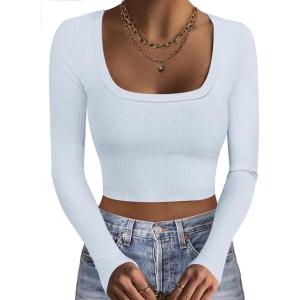 image:imageEkouaer Womens Long Sleeve Square Neck Crop Top Ribbed Slim Fitted Going Out Y2K Tops Casual Basic Shirts TeeCool White