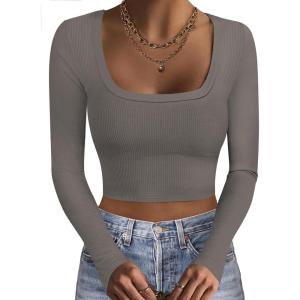 image:imageEkouaer Womens Long Sleeve Square Neck Crop Top Ribbed Slim Fitted Going Out Y2K Tops Casual Basic Shirts TeeDark Grey