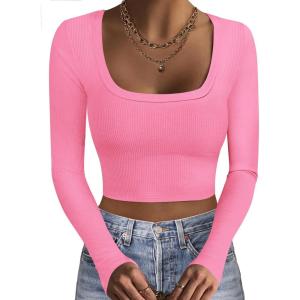 image:imageEkouaer Womens Long Sleeve Square Neck Crop Top Ribbed Slim Fitted Going Out Y2K Tops Casual Basic Shirts TeeHot Pink