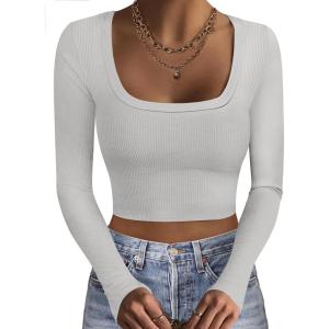 image:imageEkouaer Womens Long Sleeve Square Neck Crop Top Ribbed Slim Fitted Going Out Y2K Tops Casual Basic Shirts TeeLight Grey