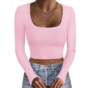 image:imageEkouaer Womens Long Sleeve Square Neck Crop Top Ribbed Slim Fitted Going Out Y2K Tops Casual Basic Shirts TeePink