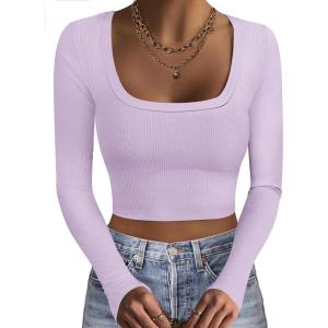 image:imageEkouaer Womens Long Sleeve Square Neck Crop Top Ribbed Slim Fitted Going Out Y2K Tops Casual Basic Shirts TeePurple