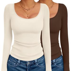 image:imageEkouaer 2 Pack Long Sleeve Shirts for Womens Scoop Neck Tops Slim Fit Undershirts Basic Thermal Tee ShirtBeigeCoffee