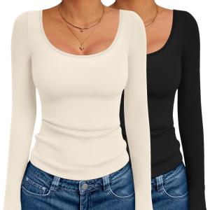 image:imageEkouaer 2 Pack Long Sleeve Shirts for Womens Scoop Neck Tops Slim Fit Undershirts Basic Thermal Tee ShirtBlackBeige
