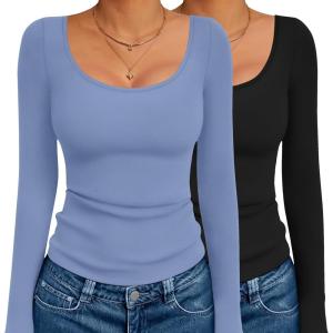 image:imageEkouaer 2 Pack Long Sleeve Shirts for Womens Scoop Neck Tops Slim Fit Undershirts Basic Thermal Tee ShirtBlackBlue Gray