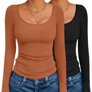 image:imageEkouaer 2 Pack Long Sleeve Shirts for Womens Scoop Neck Tops Slim Fit Undershirts Basic Thermal Tee ShirtBlackBrown
