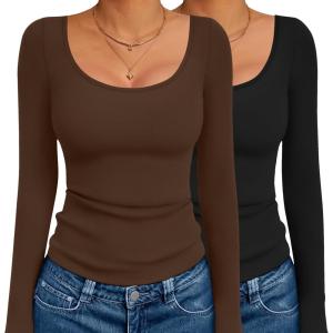 image:imageEkouaer 2 Pack Long Sleeve Shirts for Womens Scoop Neck Tops Slim Fit Undershirts Basic Thermal Tee ShirtBlackCoffee