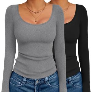 image:imageEkouaer 2 Pack Long Sleeve Shirts for Womens Scoop Neck Tops Slim Fit Undershirts Basic Thermal Tee ShirtBlackHeather Grey