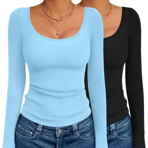 image:imageEkouaer 2 Pack Long Sleeve Shirts for Womens Scoop Neck Tops Slim Fit Undershirts Basic Thermal Tee ShirtBlackLight Blue