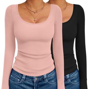 image:imageEkouaer 2 Pack Long Sleeve Shirts for Womens Scoop Neck Tops Slim Fit Undershirts Basic Thermal Tee ShirtBlackPink
