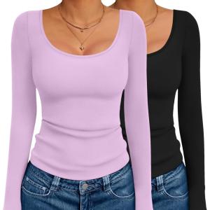 image:imageEkouaer 2 Pack Long Sleeve Shirts for Womens Scoop Neck Tops Slim Fit Undershirts Basic Thermal Tee ShirtBlackPurple