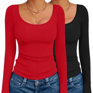 image:imageEkouaer 2 Pack Long Sleeve Shirts for Womens Scoop Neck Tops Slim Fit Undershirts Basic Thermal Tee ShirtBlackRed