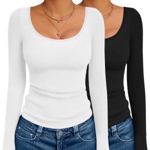 image:imageEkouaer 2 Pack Long Sleeve Shirts for Womens Scoop Neck Tops Slim Fit Undershirts Basic Thermal Tee ShirtBlackWhite