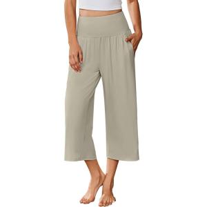 image:imageEkouaer Womens Pajama Pants 2026 Wide Leg Capri Yoga Pants Lounge Comfy Sleep Pj Bottoms with PocketsLight Beige