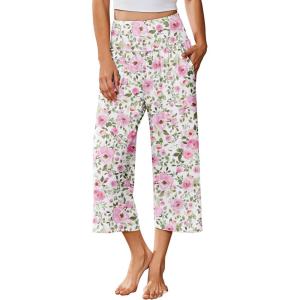 image:imageEkouaer Womens Pajama Pants 2026 Wide Leg Capri Yoga Pants Lounge Comfy Sleep Pj Bottoms with PocketsPink Flowers