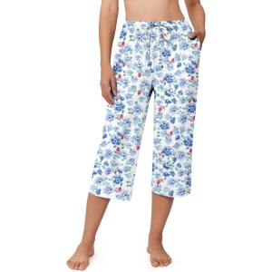 image:imageEkouaer Womens Pajamas Pants Capri Pj Bottoms with Pockets Comfy Drawstring Printed Lounge Soft Sleep PantsBlue Flowers