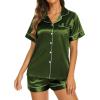 image:imageEkouaer Silk Pajamas for Women Short Sleeve Sleepwear Soft Button Down Loungewear 2 Piece Satin Pjs Shorts SetDark Army Green