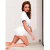 image:imageEkouaer Womens Silk Satin Pajamas Set Short Sleeve Sleepwear Button Down Loungewear 2 Piece Pjs Shorts Set S5X Plus SizeWhite With White Piping