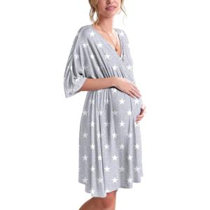 image:imageEkouaer 3 in 1 LaborDeliveryHospital Gown Maternity Dress Nursing Nightgown Sleepwear for BreastfeedingGrey Stars