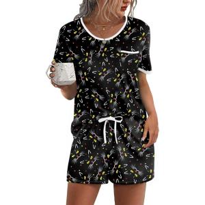 image:imageEkouaer Pajama Set for Women 2 Piece Lounge Set Short Sleeve Tops and Shorts Soft Sleepwear Chest PocketBlack Cat1