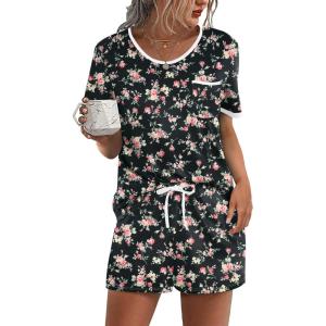 image:imageEkouaer Pajama Set for Women 2 Piece Lounge Set Short Sleeve Tops and Shorts Soft Sleepwear Chest PocketBlack Flower