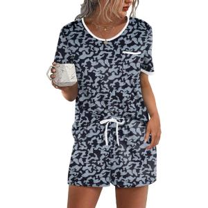 image:imageEkouaer Pajama Set for Women 2 Piece Lounge Set Short Sleeve Tops and Shorts Soft Sleepwear Chest PocketBlack Leopard