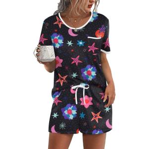 image:imageEkouaer Pajama Set for Women 2 Piece Lounge Set Short Sleeve Tops and Shorts Soft Sleepwear Chest PocketBlack Star Sky
