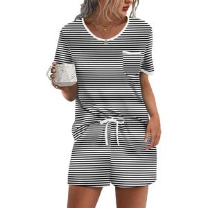image:imageEkouaer Pajama Set for Women 2 Piece Lounge Set Short Sleeve Tops and Shorts Soft Sleepwear Chest PocketBlack White Stripe