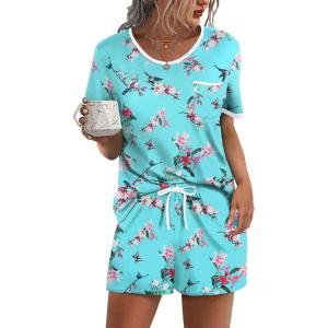 image:imageEkouaer Pajama Set for Women 2 Piece Lounge Set Short Sleeve Tops and Shorts Soft Sleepwear Chest PocketBlue Flower