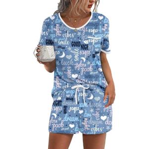 image:imageEkouaer Pajama Set for Women 2 Piece Lounge Set Short Sleeve Tops and Shorts Soft Sleepwear Chest PocketBlue Good Night