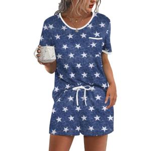 image:imageEkouaer Pajama Set for Women 2 Piece Lounge Set Short Sleeve Tops and Shorts Soft Sleepwear Chest PocketBlue Star