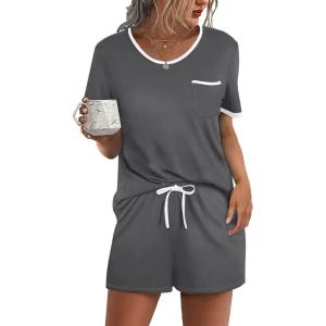 image:imageEkouaer Pajama Set for Women 2 Piece Lounge Set Short Sleeve Tops and Shorts Soft Sleepwear Chest PocketDark Gray