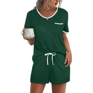 image:imageEkouaer Pajama Set for Women 2 Piece Lounge Set Short Sleeve Tops and Shorts Soft Sleepwear Chest PocketDark Green