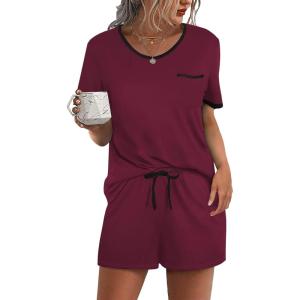 image:imageEkouaer Pajama Set for Women 2 Piece Lounge Set Short Sleeve Tops and Shorts Soft Sleepwear Chest PocketDark Red